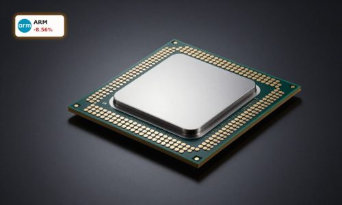 Arm Holdings Semiconductor Selloff focus on premium AI semiconductor chip in dark studio lighting