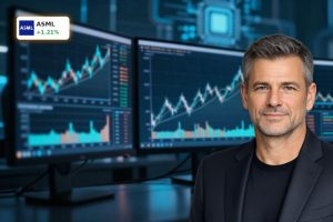 ASML Earnings surge illustrated by a rising stock chart amid AI chip boom outlook