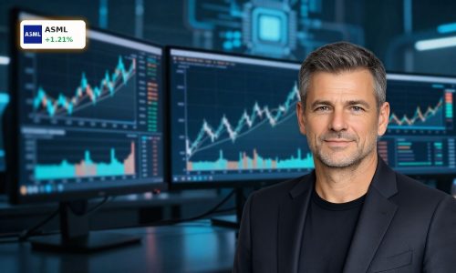 ASML Earnings surge illustrated by a rising stock chart amid AI chip boom outlook