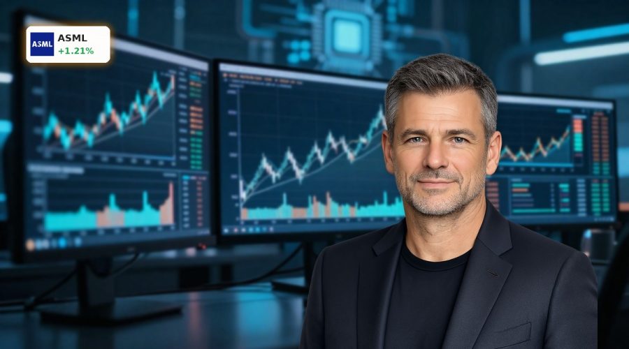 ASML Earnings surge illustrated by a rising stock chart amid AI chip boom outlook