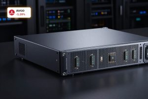 Broadcom AI Infrastructure chips and networking hardware staged in a premium dark product shot