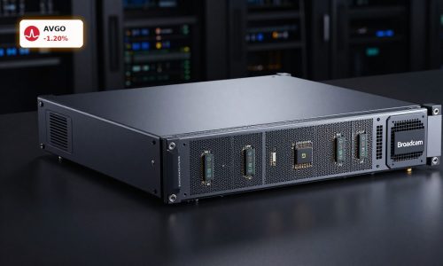 Broadcom AI Infrastructure chips and networking hardware staged in a premium dark product shot