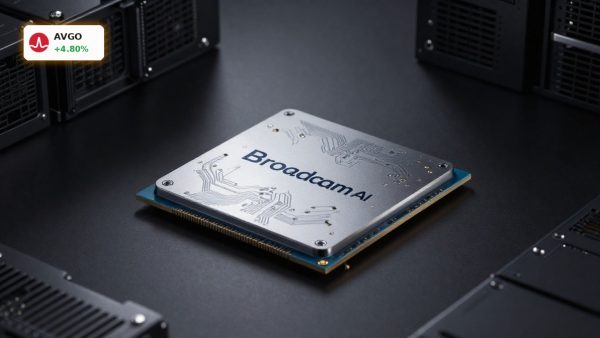Broadcom Forecast on AI chip demand with premium semiconductor close-up on dark background