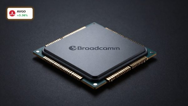 Broadcom Forecast highlighted by premium AI networking chip and custom ASIC semiconductor on dark background