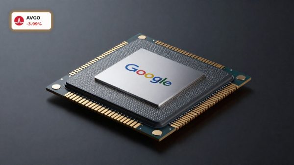 Broadcom Google AI Deal custom AI chip product photo on dark background with premium semiconductor detail