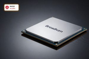 Broadcom AI Forecast visualized by premium AI data center chip close-up on dark background