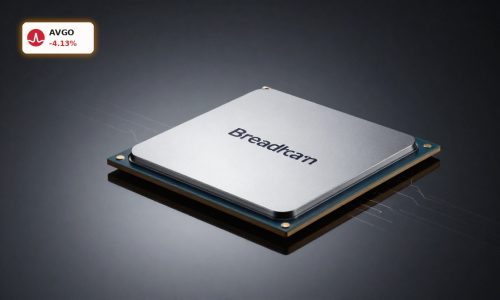 Broadcom AI Forecast visualized by premium AI data center chip close-up on dark background