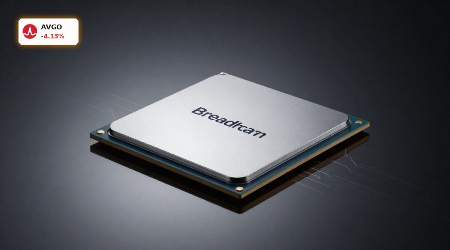 Broadcom AI Forecast visualized by premium AI data center chip close-up on dark background