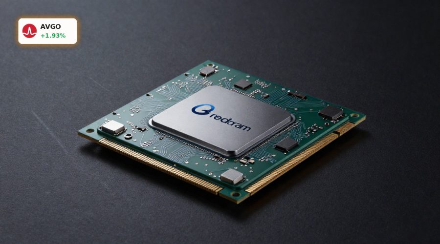 Broadcom AI Growth highlighted by premium AI chips and networking switch in dark data center setting