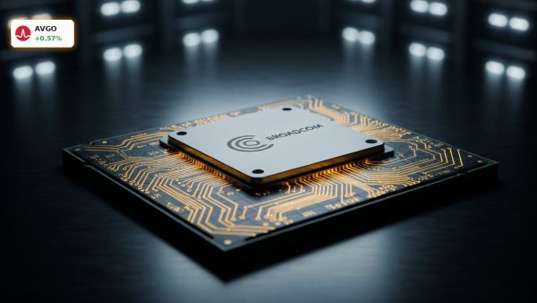 Close-up of advanced Broadcom AI Chips on a dark reflective surface with glowing circuitry.