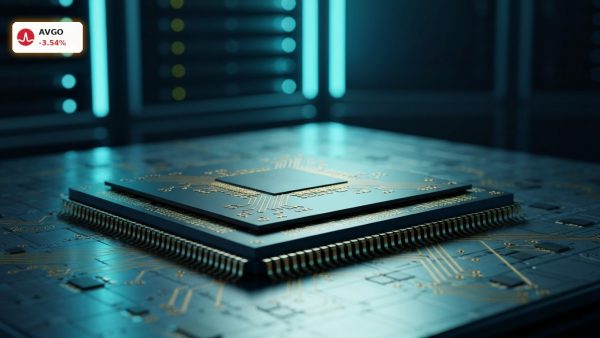 An advanced microchip on a silicon wafer representing the Broadcom Partnership.