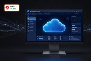 Broadcom Symantec CBX AI-powered XDR security platform on a sleek monitor in a dark data-focused setting