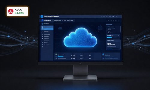 Broadcom Symantec CBX AI-powered XDR security platform on a sleek monitor in a dark data-focused setting