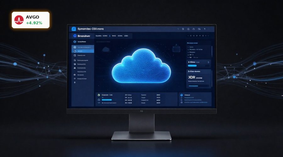 Broadcom Symantec CBX AI-powered XDR security platform on a sleek monitor in a dark data-focused setting