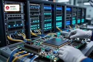 Broadcom AI Strategy highlighted by custom accelerator chip and networking hardware in a modern data center