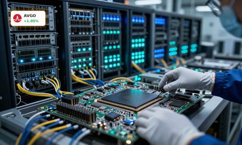 Broadcom AI Strategy highlighted by custom accelerator chip and networking hardware in a modern data center