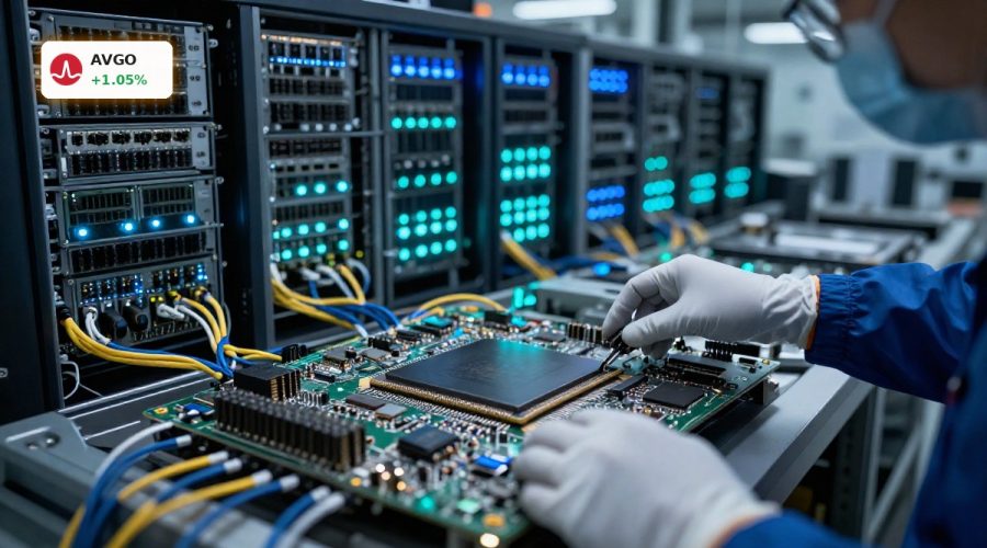 Broadcom AI Strategy highlighted by custom accelerator chip and networking hardware in a modern data center