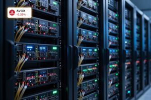 Advanced AI data center with custom chips and switches illustrating Broadcom AI Forecast growth.