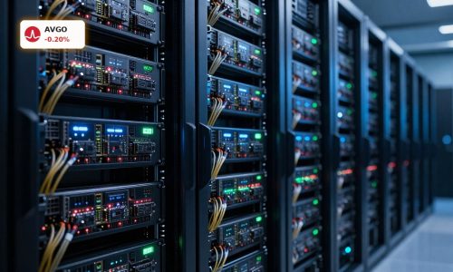 Advanced AI data center with custom chips and switches illustrating Broadcom AI Forecast growth.