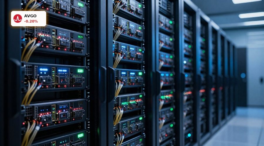 Advanced AI data center with custom chips and switches illustrating Broadcom AI Forecast growth.