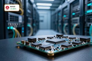 High-end AI chip and data center scene symbolizing Broadcom TPU partnership with Google and Anthropic