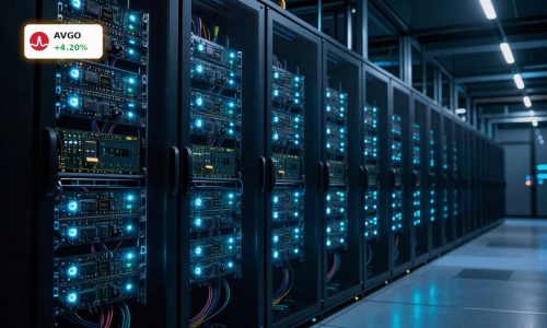 Hyperscale data center with custom ASIC racks illustrating Broadcom AI Inference growth.