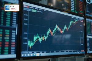 Trading screen with rising stock chart and slight pullback, symbolizing American Express Earnings beat and 2.5% share drop.