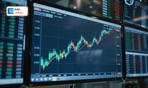 Trading screen with rising stock chart and slight pullback, symbolizing American Express Earnings beat and 2.5% share drop.