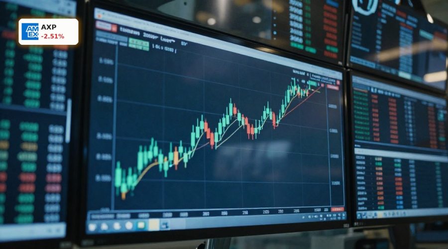 Trading screen with rising stock chart and slight pullback, symbolizing American Express Earnings beat and 2.5% share drop.