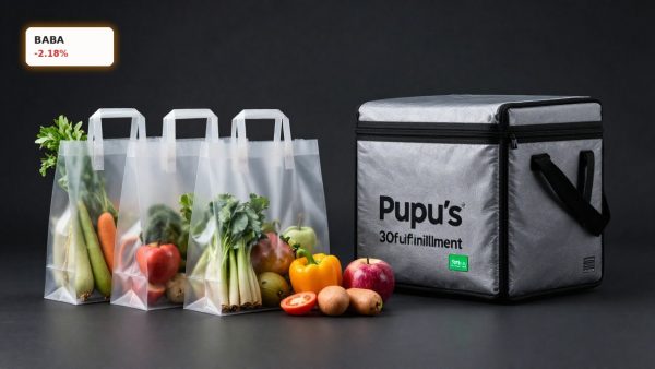 Alibaba Acquisition of Pupu shown through premium grocery delivery bags, produce, and fulfillment packaging
