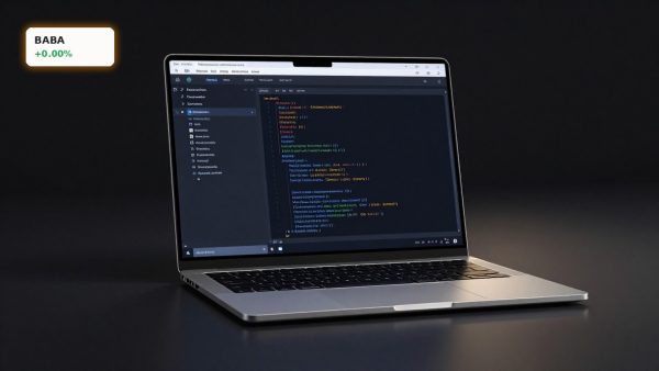 Alibaba Claude Ban concept with premium laptop showing secure AI coding workspace on dark background