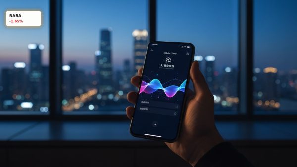 Smartphone displaying an advanced AI interface highlighting the Alibaba AI Strategy in a modern setting.