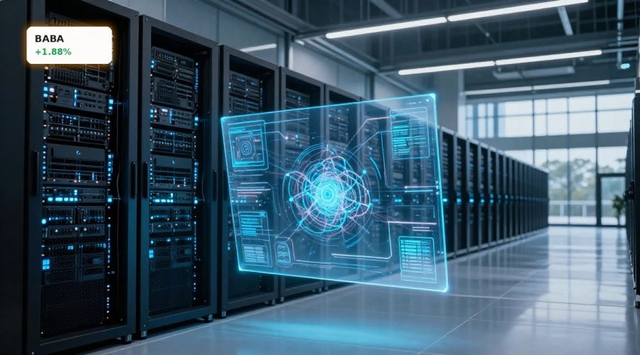 Alibaba AI Video model HappyHorse-1.0 concept with powerful data center GPUs and cloud servers.