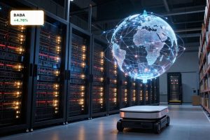 Alibaba AI Strategy visualized with cloud data center, world model globe and logistics robot