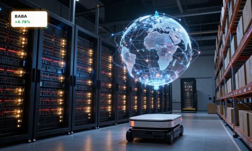 Alibaba AI Strategy visualized with cloud data center, world model globe and logistics robot