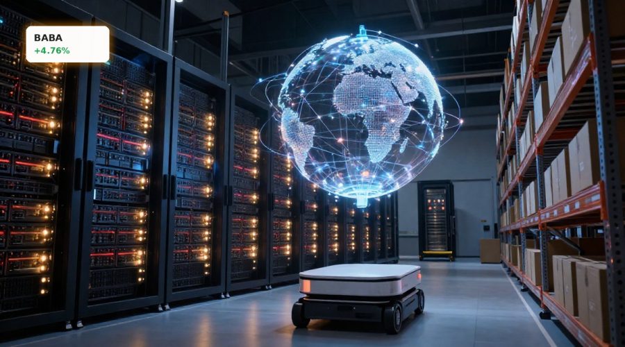 Alibaba AI Strategy visualized with cloud data center, world model globe and logistics robot