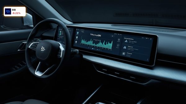Modern EV digital dashboard displaying software interfaces for BlackBerry Earnings report.