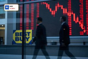 Best Buy CEO Change reflected in executives passing by a red stock ticker after BBY’s 4.7% plunge