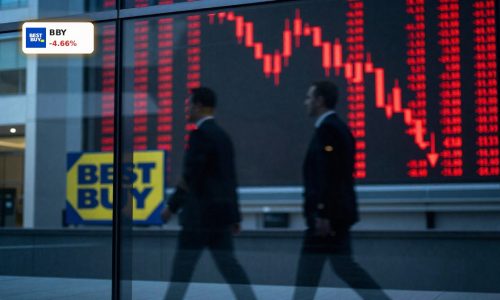 Best Buy CEO Change reflected in executives passing by a red stock ticker after BBY’s 4.7% plunge