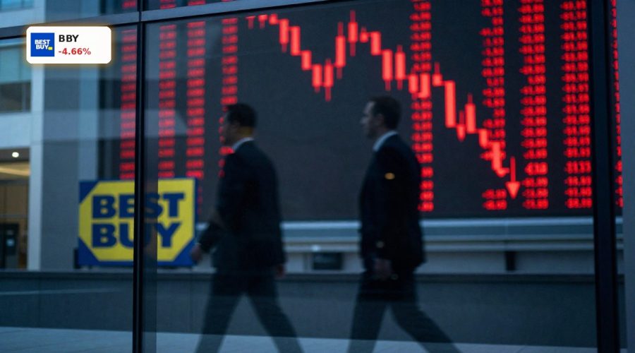 Best Buy CEO Change reflected in executives passing by a red stock ticker after BBY’s 4.7% plunge