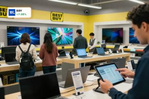 Best Buy Earnings beat expectations as shoppers browse electronics in a busy Best Buy store