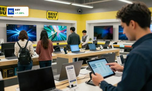 Best Buy Earnings beat expectations as shoppers browse electronics in a busy Best Buy store