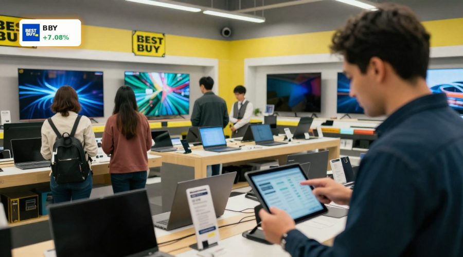 Best Buy Earnings beat expectations as shoppers browse electronics in a busy Best Buy store