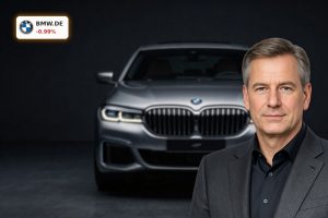 BMW Earnings spotlight with luxury sedan under dramatic lighting as profit slips but dividend rises