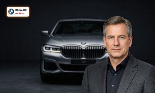BMW Earnings spotlight with luxury sedan under dramatic lighting as profit slips but dividend rises