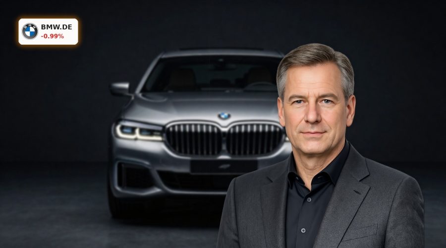 BMW Earnings spotlight with luxury sedan under dramatic lighting as profit slips but dividend rises