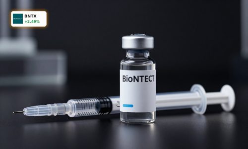 BioNTech Oncology cancer immunotherapy vial and syringe on dark premium lab background