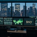Modern trading desks showcasing BNY Earnings data on screens with NYC skyline background.
