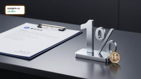 Bank of Japan Rate Hike concept with 1% rate marker and yen coin on dark premium background