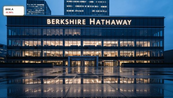 The Berkshire Hathaway headquarters at dusk, symbolizing the historic Berkshire Hathaway Donation.